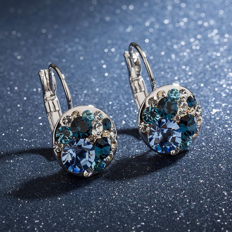 EVEVIC Multicolored Austrian Crystal Earrings for Women 14K Gold Plated Leverback Dangle Hoop Earrings (Blue Main Crystal/Silver-tone) - Image 3